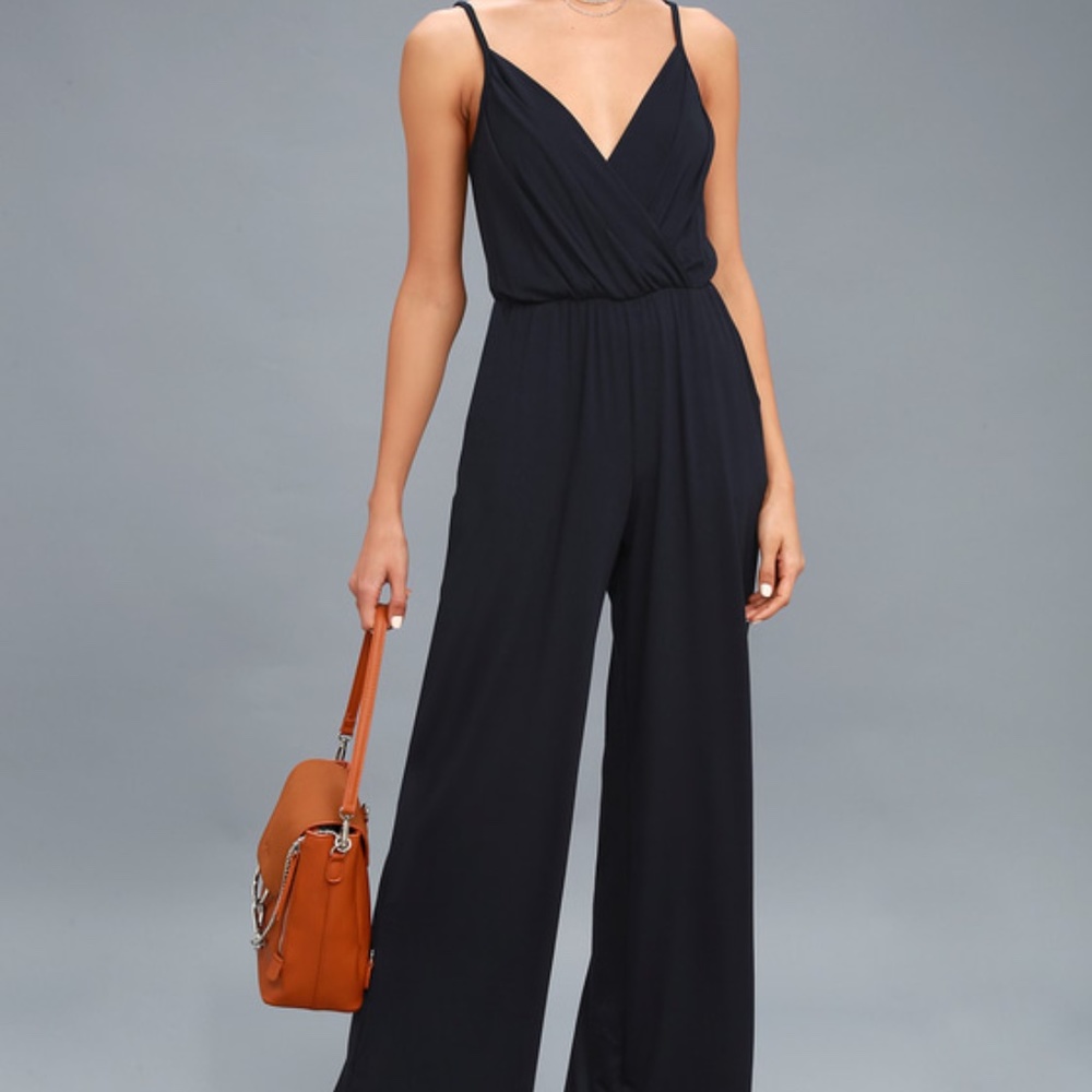 LuLu's Navy Blue Sleeveless Surplice Jumpsuit